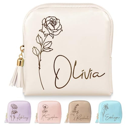 Custom Jewelry Travel Case with Birth Flower Birthday Gifts for Mom Girlfriend Wife,Leather Jewelry Pouch Bags with Name Small Jewelry Organizer for Teacher Appreciation Gifts - color: Birth Flower