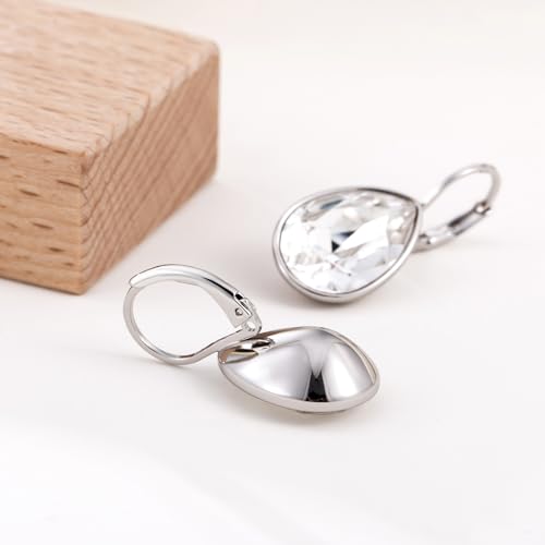 Xuping Jewelry Huggies Crystal Teardrop Earrings for Women Clear Crystals Leverback Silver Earring Fashion Party Jewelry Gifts - color: White