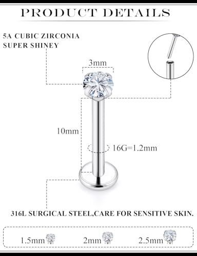 20G 18G 16G Threadless Flat Back Earrings Nose Stud 316L Surgical Steel Medusa Labret Monroe Lip Ring Tragus Forward Helix Conch Cartilage Lobe Earrings Stud Piercing Jewelry For Women Men - size: 16G-10MM Length
