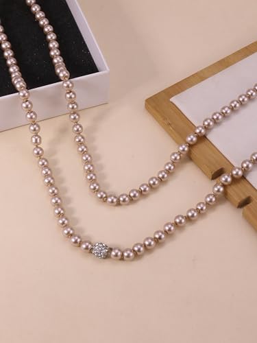Long Pearl Necklace for Women Dainty Zircon Bead Pearl Necklace Layered Faux Pearls Necklaces Long Wedding Long Pearl Necklace Delicate Jewelry for Brides - color: Champagne-F