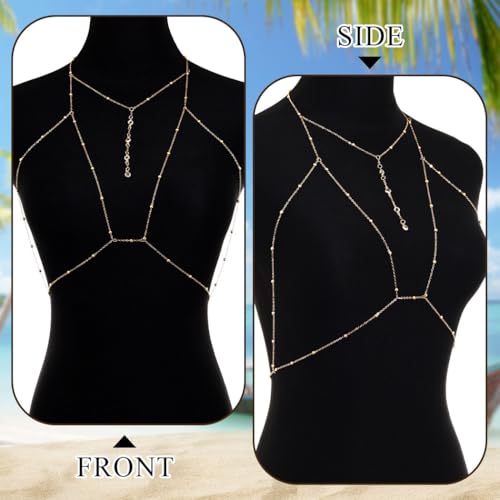 Urieo Sparkly Beads Bra Chain Silver Crystal Chest Chains Rhinestone Layered Sexy Nightclub Beach Rave Body Chain for Women - style: B-gold