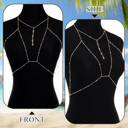 Urieo Sparkly Beads Bra Chain Silver Crystal Chest Chains Rhinestone Layered Sexy Nightclub Beach Rave Body Chain for Women - style: B-gold