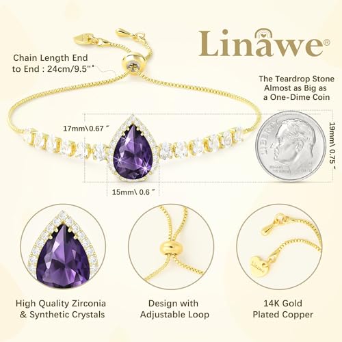 Linawe Crystal Imitation Diamond Rhinestone Charm Bracelets for Women, Gold/Silver/Rose Gold Adjustable Chain Bracelet, Teardrop Birthstone Cubic Zirconia Prom Costume Wedding Jewelry - color: Gold,Feb