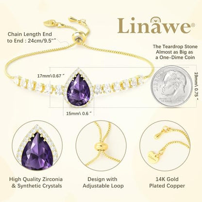 Linawe Crystal Imitation Diamond Rhinestone Charm Bracelets for Women, Gold/Silver/Rose Gold Adjustable Chain Bracelet, Teardrop Birthstone Cubic Zirconia Prom Costume Wedding Jewelry - color: Gold,Feb