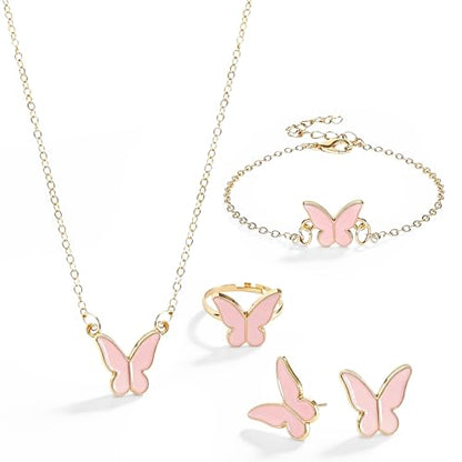 Butterfly Jewelry Set, Including Butterfly Necklace, Bracelet, Stud Earrings, and Adjustable Ring for Women - color: Pink