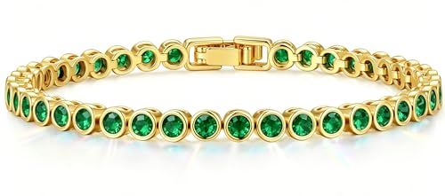 Tennis Bracelets for Women Teen Girls, Gold Jewelry | 3mm Cubic Zirconia, Dainty & Classic Tennis Bracelets, 14K Gold Plated, Adjustable Bracelet for Wrist Essentials - color: Emerald Green 6.5 Inch
