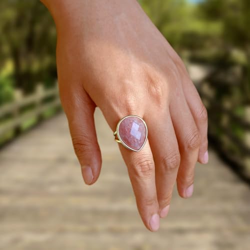 Crystal Ring for Women, Natural Rose Quartz Green Fluorite Ring for Her, Teardrop Shape Gemstone Ring, Handmade rose quartz Jewelry Adjustable Ring. - color: Red Strawberry Quartz