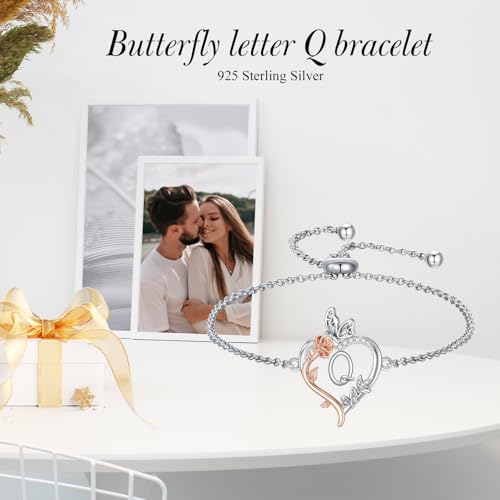 TOUPOP Gifts for Women Rose Heart Initial Bracelet 925 Sterling Silver Butterfly Letter Link Bracelet Love Jewelry Anniversary Birthday Gifts for Wife Girlfriend Mom Her - style: Initial Q
