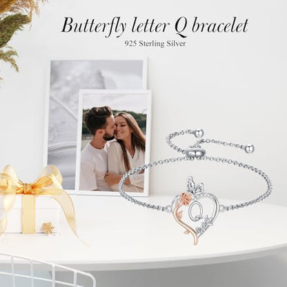TOUPOP Gifts for Women Rose Heart Initial Bracelet 925 Sterling Silver Butterfly Letter Link Bracelet Love Jewelry Anniversary Birthday Gifts for Wife Girlfriend Mom Her - style: Initial Q