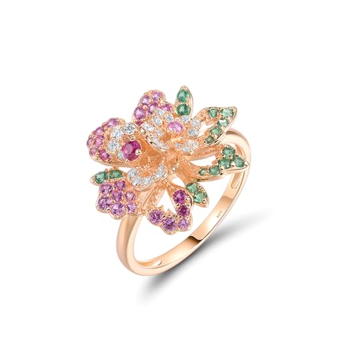 Santuzza Sterling Silver Gemstone Flower Ring for Women - color: [A]Double Peony-Pink