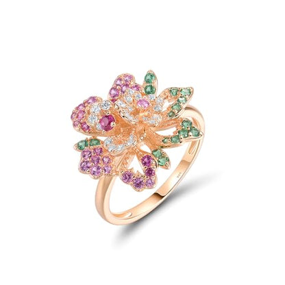Santuzza Sterling Silver Gemstone Flower Ring for Women - color: [A]Double Peony-Pink