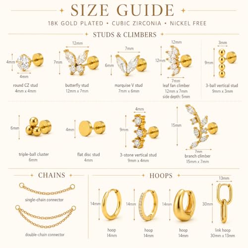 16 Single Gold Flat Back Earrings Set, Cartilage Piercing Jewelry | 316L stainless steel, 18K gold plated, nickel-free and hypoallergenic; studs, hoops, climbers and chains for ear stacks.