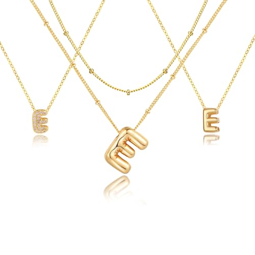 stino 4PCs Bubble Initial Letter Necklace Set, No Tarnish 14K Gold Plated Alphabet Pendant, Jewelry for Women - style: E