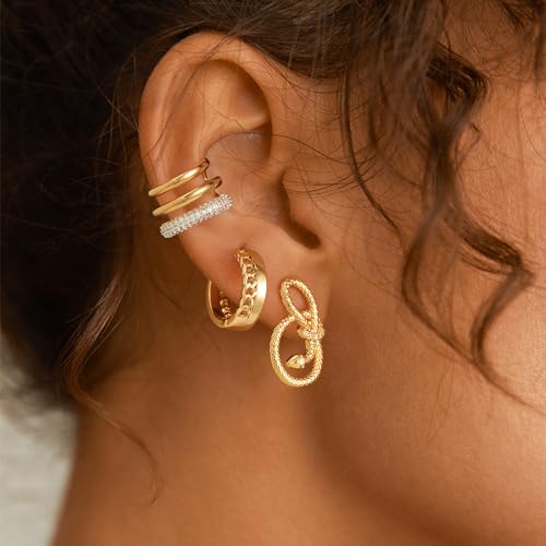 MYEARS Women Ear Cuff Earrings Gold Non Pierced Cartilage Clip on Open Wrap Hoop 14K Gold Plated Simple Hypoallergenic Everyday Jewelry - style: Bold Triple Split / Pair