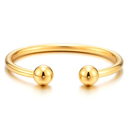 COOLSTEELANDBEYOND Elastic Adjustable Stainless Steel Ball Cuff Bangle Bracelet for Men Women Polished - color: Metal Color:Gold