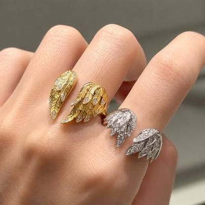 Angel Wing Adjustable Ring Set, Gold Silver Stackable Open Rings with Rhinestone Feather Design, Statement Jewelry for Women Party Daily Wear
