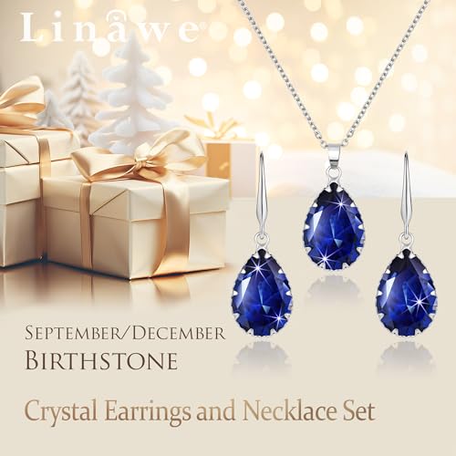 Linawe Crystal Jewelry Sets for Women, Imitation Diamond Pendant Necklace, Rhinestone Drop Dangle Earrings, Birthstone Cubic Zirconia Matching Wedding Jewelry, 14K Gold/Rose Gold/Silver Tones - color: Silver,Sapphire,Sep,Dec