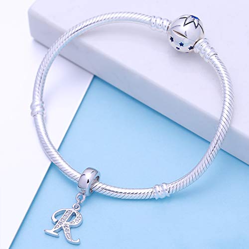925 Sterling Silver Letter Charms Fits Pandora Bracelets, Gift for Women | A-Z Alphabet Initial Charm with CZ,Great gift for Christmas, Valentine's Day, Mother's Day. - color: R