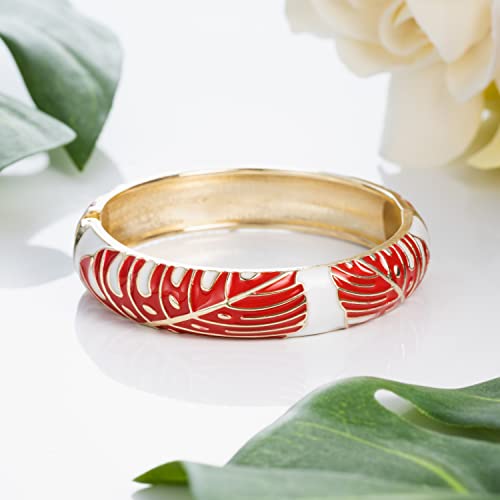 Hawaiian Monstera Luau Leaves Hinged Clasp Fashion Enamel Bangle Bracelet - color: Ruby Red