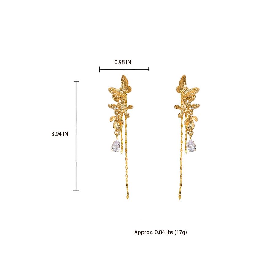 Vintage Gold Butterfly Ear Climbers Detachable Tassel Teardrop CZ Drop Chain Dangle Earrings for Women Party Jewelry