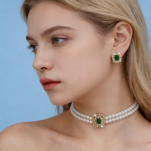 Classic Double Strand Faux Pearl Choker Necklace and Earrings Set with Crystal Accent, Elegant Jewelry for Special Occasions and Everyday Wear - color: green