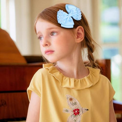Light Blue Grosgrain Ribbon Bow Hair Clips 2pc 4" Pearl Flower Alligator Hair Pins Barrettes for little Teen Toddler Girls Kids Easter Summer Outfit Accessory Birthday Back School Gift - color: Light Blue