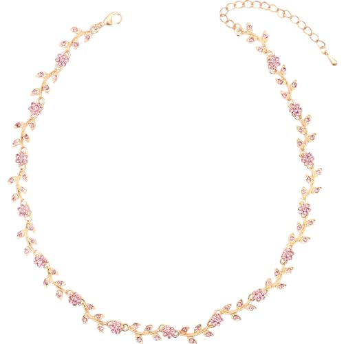 Austrian Crystal Rhinestone Choker Necklace Elegant Flower Leaf Chain Necklace Jewelry for Party Prom Costume Accessories for Women - color: Pink-Gold Plated