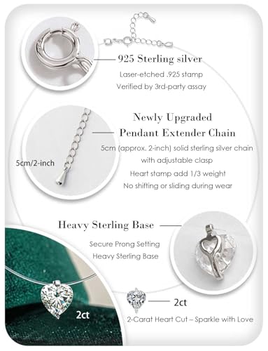 Teardrop 925 Silver CZ Floating Pendant Necklace 16 Inch Cubic Zirconia Invisible Necklace, Hypoallergenic, Jewelry Gifts for Women Anniversary Birthday - color: Heart-Shaped