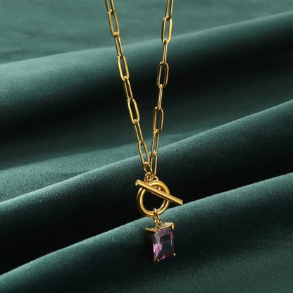 Diamond Necklaces for Women Natural Stone Paperclip Toggle Necklace 14K Gold Plated Emerald Birthstone Necklace for Women Paper Clip Chain Blue Green Cubic Zirconia Pendant Birthday Gifts for Women Mother Jewelry - color: 02. February(Amethyst)