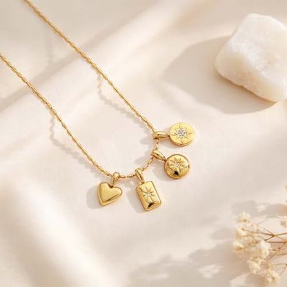 Interchangeable Removable CZ Charms Necklace, Gold Silver Stainless Steel Adjustable Box and Rice Bead Chain Minimalist Custom DIY Pendant Jewelry Gifts - color: Gold-B