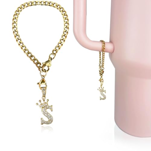 Cup Charms for Stanley Handle- Crown Letter Charms Accessories for Stanley Handle 40 Oz Tumblers Gold Initial Keychain Water Bottle Cup with Diamond Glitter Jewelry Personalized Decorations S - color: Letter S