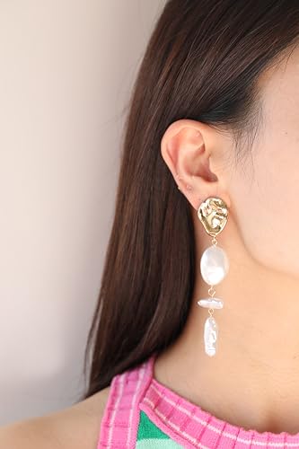 Statement Pearl Dangle Earrings,Gold and Large Pearl,Luxury Chandelier Organic Style Earrings - color: G gold and white