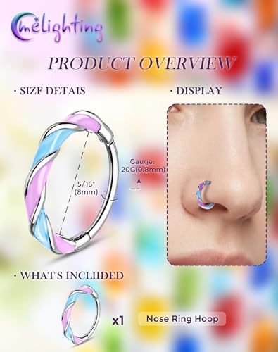 Melighting 20G Twist Nose Ring Hoop Stainless Steel 316L Piercing Jewelry | 7/8 mm Nose Piercing Jewelry, Cute Hinged Segment Clicker Lobe Helix Daith Cartilage Earring for Women - color: Steel PBL, size: 20g8mm