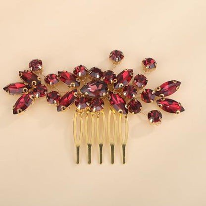 Dainty Teardrop Rhinestone Crystal Wedding Hair Comb Handmade Hair Side Comb Women Girls Wedding Headpiece Silver Gold Wedding Hair Accessories for Brides Bridesmaid (wine red) - color: wine red