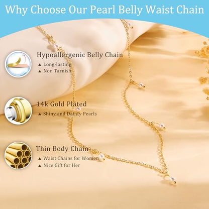 CHESKY 14K Gold Plated Waist Chain for Women, Layered Waist Beads | Silver Plated Gold Body Chains, Beach Summer, Waterproof Snake Belly Belt Chain, Festival Jewelry Accessories for Women - style: pearl-gd