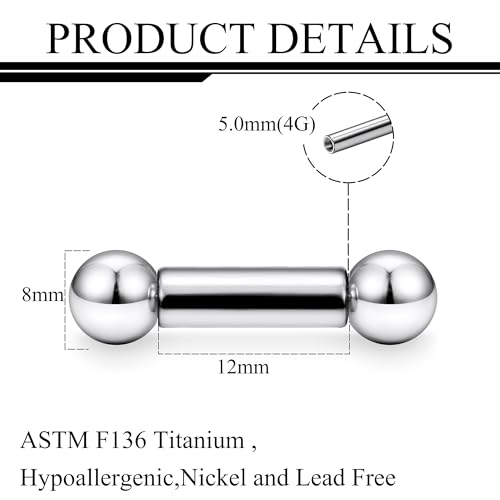 Ruifan Grade 23 Titanium Internally Threaded Nipple Piercing Jewelry Barbell Ring PA Tongue Rings Nipple Straight Body Piercing Jewelry for Women Men 16G 14G 12G 8G 6G 4G 2G - size: 4GA - 1/2" (12mm)