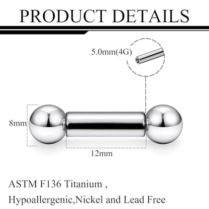 Ruifan Grade 23 Titanium Internally Threaded Nipple Piercing Jewelry Barbell Ring PA Tongue Rings Nipple Straight Body Piercing Jewelry for Women Men 16G 14G 12G 8G 6G 4G 2G - size: 4GA - 1/2" (12mm)