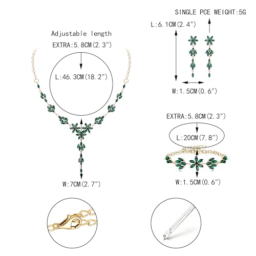 EVER FAITH Crystal Flower Wedding Prom Jewelry Set for Bride Bridesmaid | Rhinestone Costume Party Y-Shaped Necklace Dangle Earrings Bracelet, for Women - color: Green Gold-Tone