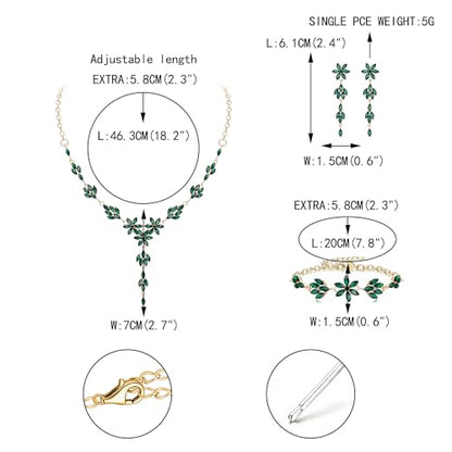 EVER FAITH Crystal Flower Wedding Prom Jewelry Set for Bride Bridesmaid | Rhinestone Costume Party Y-Shaped Necklace Dangle Earrings Bracelet, for Women - color: Green Gold-Tone