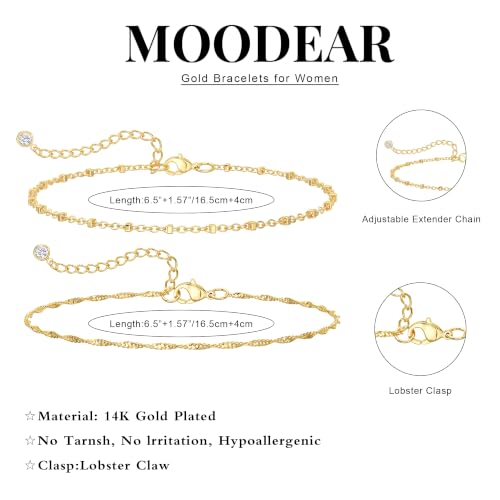 Moodear Gold Bracelets for Women, 2PCS Dainty 14K Gold Plated Link Chain | Waterproof Non Tarnish Jewelry, Adjustable Gold Plated Link & Bead Chain, Perfect for Daily Wear, Vacation Outfits & Gifts - color: gold-1