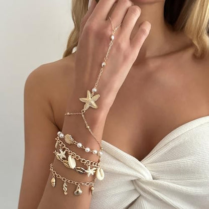 Beach Starfish Shell Pendant Hand Chain Layered Bracelet with Finger Ring for Women Gold-Plated Stackable Faux Pearls Beaded Chain Bracelets 5PCS Set Summer Trendy Jewelry Adjustable Vacation Gifts