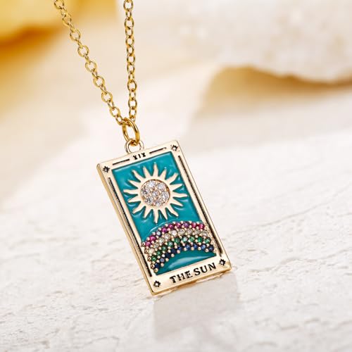 LUREME Punk Tarot Necklace - Gold Rectangle Pendant with Strass Zircon Sun/Moon/Star Design for Women (nl006354) - color: Multi Sun