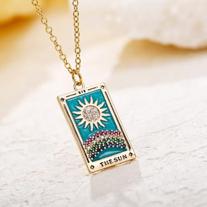 LUREME Punk Tarot Necklace - Gold Rectangle Pendant with Strass Zircon Sun/Moon/Star Design for Women (nl006354) - color: Multi Sun