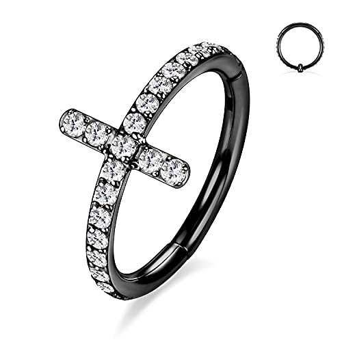 16G Cartilage Earring Hoop 316L Surgical Steel Daith Helix Conch Earrings Tragus Rook Earrings CZ Opal Septum Jewelry Seamless Clicker Nose Rings Hinged Segment Ring Hoop Earring for Women Men - color: 1PC,Black,Cross CZ