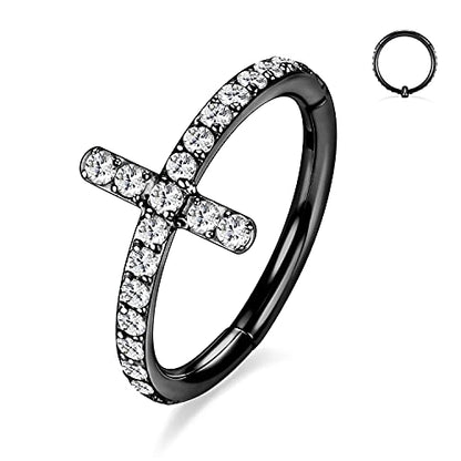 16G Cartilage Earring Hoop 316L Surgical Steel Daith Helix Conch Earrings Tragus Rook Earrings CZ Opal Septum Jewelry Seamless Clicker Nose Rings Hinged Segment Ring Hoop Earring for Women Men - color: 1PC,Black,Cross CZ
