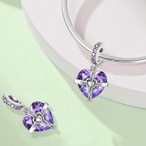 Birthstone Charm, 925 Sterling Silve Heart Dangle Charms for Pandora Bracelets, Ladies Birthday Gift - style: B-February