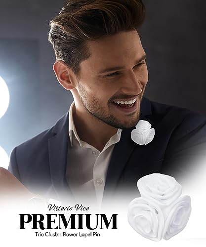 Premium Trio Cluster Flower Lapel Pin - Formal Boutonniere for Men, Flower Brooch Pin - color: White