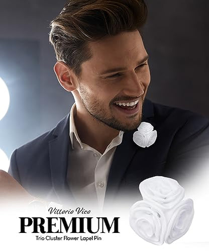 Premium Trio Cluster Flower Lapel Pin - Formal Boutonniere for Men, Flower Brooch Pin - color: White