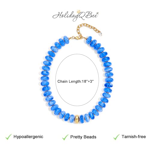Beaded necklace for Women Boho Bead Gemstone Chunky Necklace Big Bead Necklace Fashion Trendy Summer Necklaces Jewelry Gifts - color: Light Bleu&GD Beaded