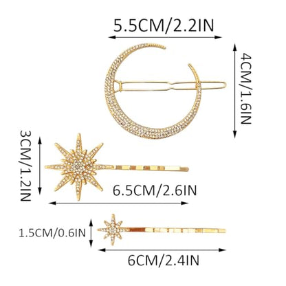 BARTOSI Moon Star Hair Clips Gold Stars Hair pins Crystal Celestial Hair Accessories for Women and Girls (Pack of 3) - color: Gold-Rhinestone